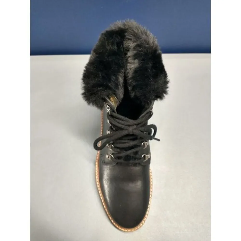 Botkier Winter Boots Womens Size 6 Black Leather Faux Fur Trim Round Toe Lace Up